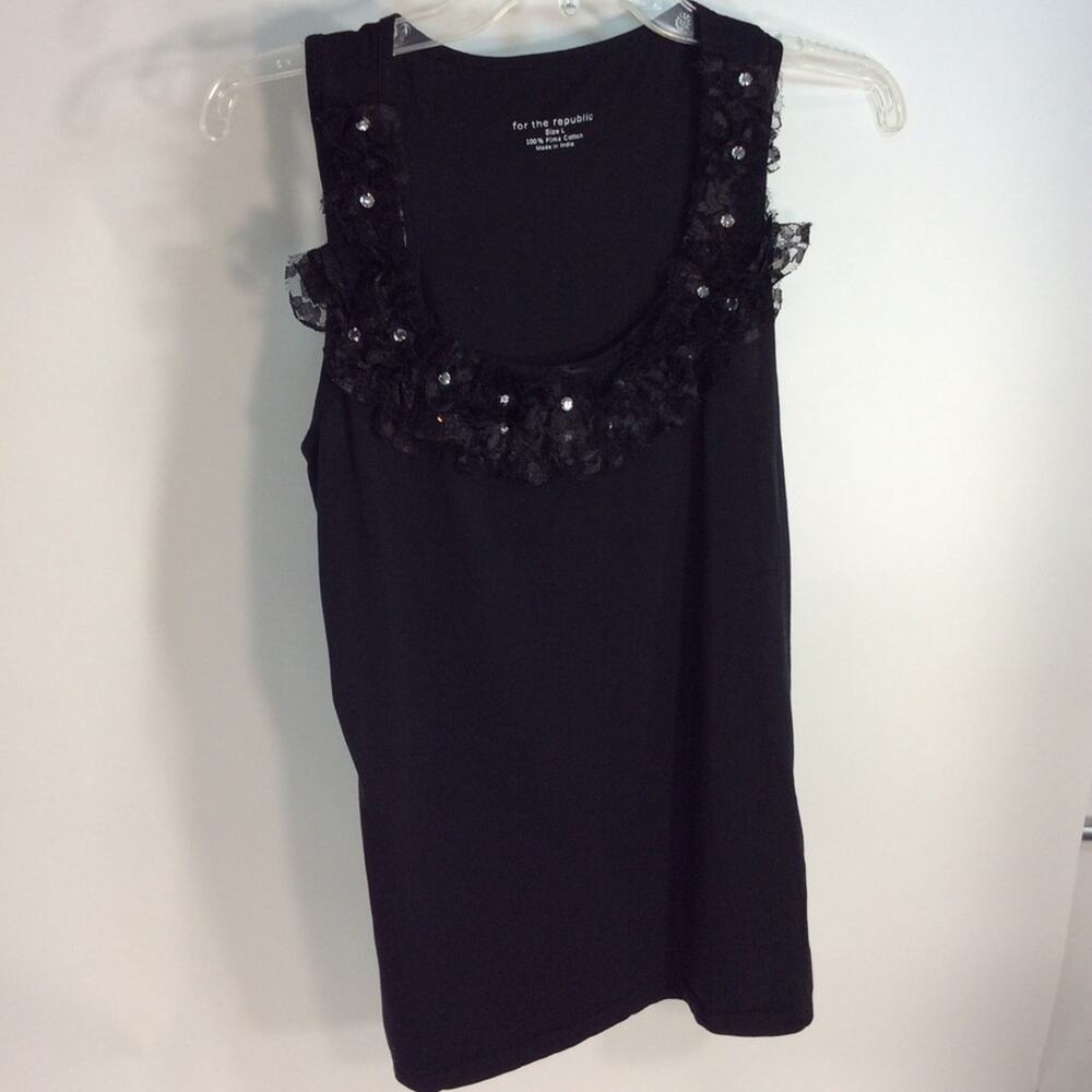 For The Republic Women's Large Tank Top Black Lace Sequins Pima Cotton